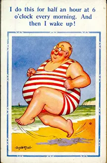 Physical Prints: Comic postcard, Large man running on the beach Date: 20th century