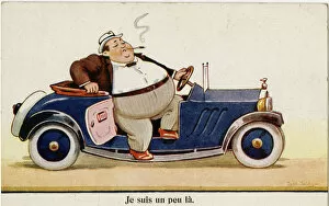 Obese Gallery: Comic postcard, large man with small car
