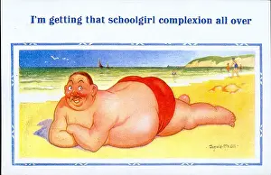 Comic postcard, Large man sunbathing at the seaside Date: 20th century
