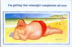 Comic postcard, Large man sunbathing at the seaside Date: 20th century Comic postcard, Large man sunbathing at the seaside Date: 20th century