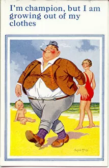Comic postcard, Large man walking on the beach