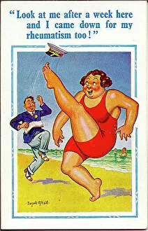 Comic postcard, Large woman on the beach, feeling healthy Date: 20th century