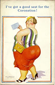 Comic postcard, Large woman with Coronation ticket Date: 20th century Comic postcard, Large woman with Coronation ticket Date: 20th century
