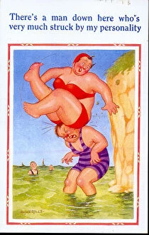 Personality Gallery: Comic postcard, Large woman falling off a cliff onto a man paddling in the sea Date