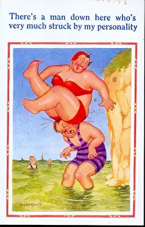 Painful Prints: Comic postcard, Large woman falling off a cliff onto a man paddling in the sea Date