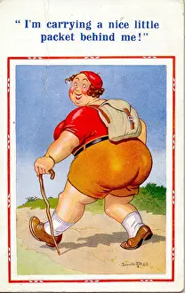 Physical Prints: Comic postcard, Large woman hiking Date: 20th century