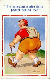 Comic postcard, Large woman hiking Date: 20th century