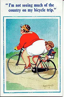 Blocked Prints: Comic postcard, Large woman and little boy on bicycle trip Date: 20th century