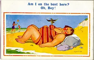 Perch Prints: Comic postcard, Large woman lying on the beach Date: 20th century