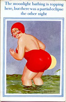 Moonlight Gallery: Comic postcard, Large woman paddling in the moonlight Date: 20th century