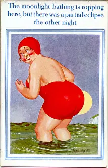 Partial Prints: Comic postcard, Large woman paddling in the moonlight Date: 20th century