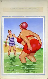 Comic postcard, Large woman paddling in the sea Date: 20th century