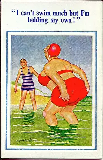 Comic postcard, Large woman paddling in the sea Date: 20th century