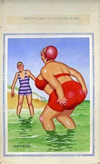 Paddle Gallery: Comic postcard, Large woman paddling in the sea Date: 20th century
