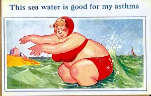 Salt Prints: Comic postcard, Large woman in red bikini in the sea Date: 20th century
