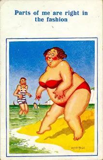 Parts Prints: Comic postcard, Large woman in red bikini at the seaside Date: 20th century