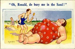 Bucket Collection: Comic postcard, Large woman in red swimsuit on the beach Date: 20th century