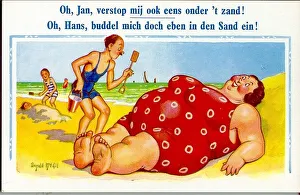 Comic postcard, Large woman in red swimsuit on the beach