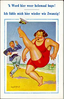 Comic postcard, Large woman in red swimsuit on the beach