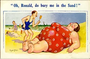 Donald Prints: Comic postcard, Large woman in red swimsuit on the beach Date: 20th century