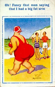 Comic postcard, Large woman in red swimsuit on the beach Date: 20th century