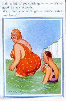 Comic postcard, Large woman in red swimsuit in the sea
