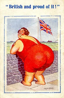 Patriotism Prints: Comic postcard, Large woman in red swimsuit at the seaside