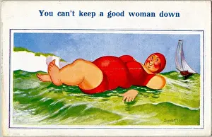Comic postcard, Large woman in red swimsuit at the seaside Date: 20th century
