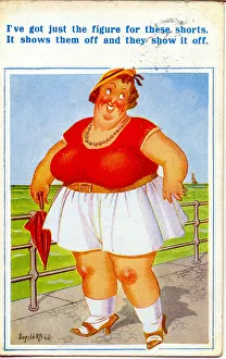 Railings Prints: Comic postcard, Large woman at the seaside