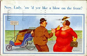 Blow Gallery: Comic postcard, Large woman at the seaside - bath chairs for hire Date: 20th century