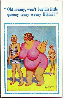 Bulging Prints: Comic postcard, Large woman at seaside wants a bikini Date: 20th century
