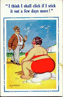 Comic postcard, Large woman sitting on a rock at the seaside, hoping to click with someone Date: 20th century