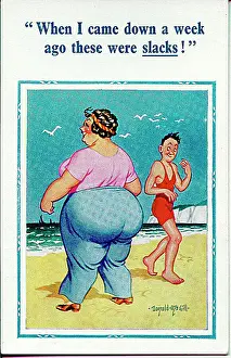 Slacks Prints: Comic postcard, Large woman in slacks at the seaside Date: 20th century