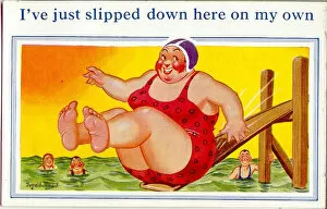 Slip Gallery: Comic postcard, Large woman sliding into the sea