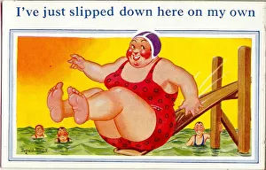 Slipping Prints: Comic postcard, Large woman sliding into the sea
