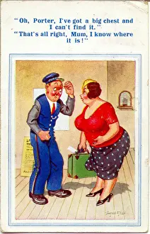 Meaning Prints: Comic postcard, Large woman and station porter Date: 20th century