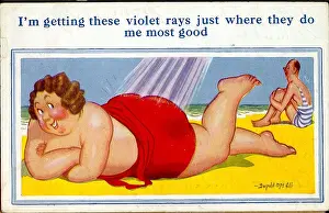 Violet Prints: Comic postcard, Large woman sunbathing at the seaside Date: 20th century