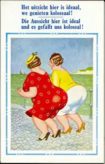 Comic postcard, Two large women at the seaside (in Dutch and German