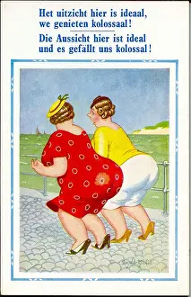 Colossal Prints: Comic postcard, Two large women at the seaside (in Dutch and German
