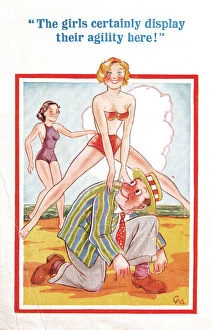 Agile Gallery: Comic postcard, Leapfrogging on the beach Date: 20th century