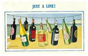 Assorted Prints: Comic postcard, Line of bottles on the beach - Just a Line! Date: 20th century