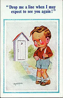 Comic postcard, Little boy approaches outdoor toilet Date: 20th century