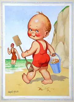 Comic postcard, Little boy on the beach
