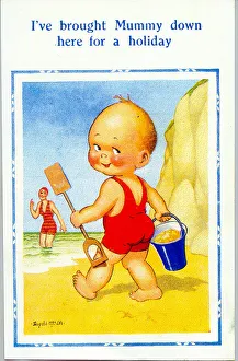 Comic postcard, Little boy on the beach with bucket and spade Date: 20th century Comic postcard, Little boy on the beach with bucket and spade Date: 20th century