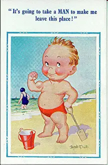 Comic postcard, Little boy on the beach with bucket and spade Date: 20th century