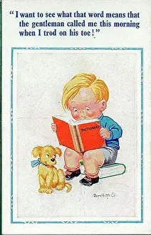 Comic postcard, Little boy checks word in dictionary Date: 20th century