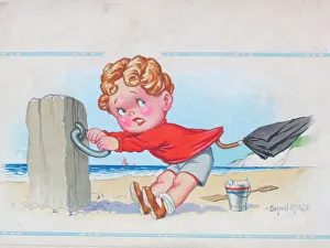 Images Dated 21st August 2015: Comic postcard, Little boy clinging to post on the beach