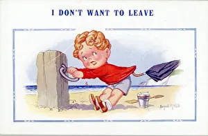 Comic postcard, Little boy clinging to post on the beach Date: 20th century