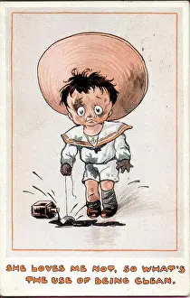 Spurgin Prints: Comic postcard, Little boy covered in ink - She loves me not