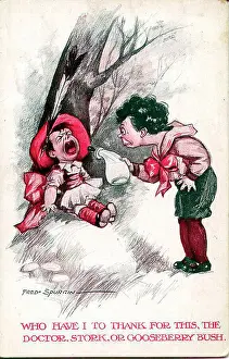 Spurgin Prints: Comic postcard, Little boy and crying baby - Who have I to thank for this